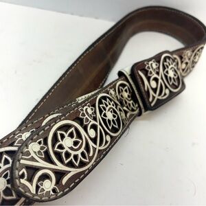 Vintage Tooled Leather Belt w/Floral Scroll Design Brown/White Western Large 43”